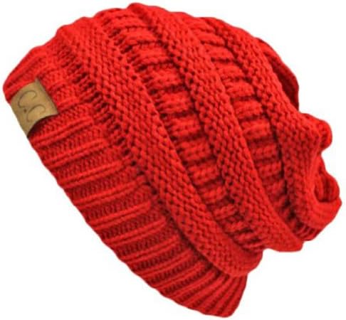 Red Thick Slouchy Knit Oversized Beanie Cap Hat