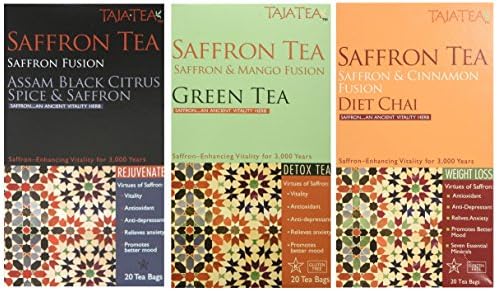Ta Ja Teas Detox, Rejuvenate, &amp; Weigh Loss Bundle - Three Saffron Tea Items: Green, Assam Black Citrus Spice, and Diet Chai Teas