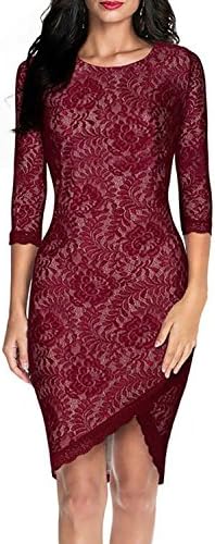 LWELA Women Lace Slim 3/7 Sleeve Party Evening Dress XX-Large Red