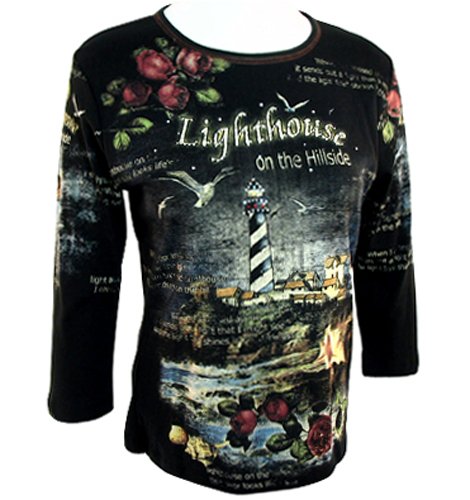 Cactus Fashion Lighthouse 3/4 Sleeve, Rhinestone Studded, Scoop Neck, 100% Cotton Printed Plus Size Top - Black