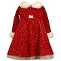 Bonnie Baby Sparkle Stretch Velvet Dress with Faux Fur Trim Jacket, Red
