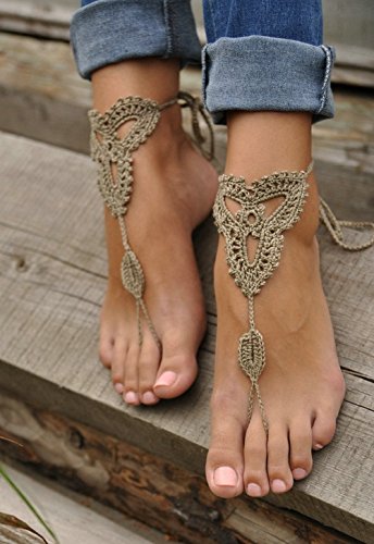 Crochet Barefoot Sandals Beach Pool Nude Shoes Foot Jewelry Footless Sandles Beach Wedding Jewelry Yoga Chain Anklet Wedding Shoes Beach Wedding Summer Shoes One Size Fits All (Khaki)
