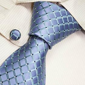 S2072 NEW Designer Hand Made Green Neck Tie Cufflinks Blue Checkers Plaids Ties for Men Jacquard Woven Pure Silk Mens Neck Tie and Cuff Links Gift Set