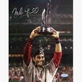 Mike Lowell Autographed Holding 2007 World Series MVP Trophy 16 x 20 Photograph (Unframed)