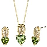 Stunning Enchantment 1.75 cts Heart Shape Peridot Diamond Pendant Earrings Set 14Kt Yellow Gold