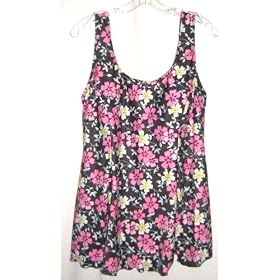 END OF SUMMER SALE Plus Size Skirted Swimsuit Swimdress Black / Pink Pansies