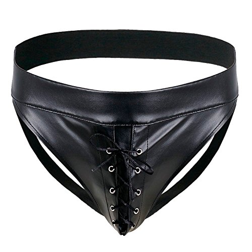 FEESHOW Men's Faux Leather Jock Strap Zipper Pouch Underwear Bikini Briefs Black Lacing Large(Waistline:31.0-38.5"/78-98cm)