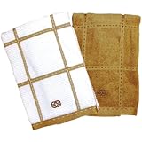 Calphalon Textiles 2-Piece Solid and Check Kitchen Towel Set, Biscotti