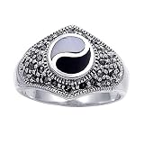 Rhodium Plated Sterling Silver Wedding & Engagement Ring Black Onyx& Mother of Pearl Yin Yang Ring 14MM ( Size 6 to 8)