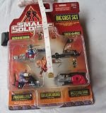 Small Soldiers Small Micro Die Cast Set - Razor Blade Chooper With Brick Bazooka - Skate A Pult With Arcger - Power Drill Cycle With Punch It - Exclusive Archer Figure - Buzzsaw Tank With Chip Hazzard By Kenner in 1998 - These are only very small toys - The packet is in poor conditionIMAGE