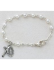 Sterling Silver 5 1/2" L Glass Pearl Beads Baby Bracelet, Infant Jewlery, Girls Rosary Bracelet, Crucifix Cross & St. Mary Miraculous Medal Charms
