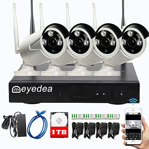 Eyedea 4 CH 720P 3500TVL WIFI NVR 1TB Hard drive Wireless Surveillance with 4 Wireless IP Network Outdoor Night Vision CCTV Security Camera System Plug and Play Phone APP Remote View