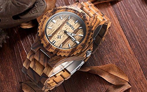 BEWELL Latest Handmade Wooden Wristwatch Zebra Wood Quartz Wrist Watch with Adjustable Wood Band and Calendar function