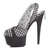 Black Checkered Slingback Shoes Women's Mid Platform Sexy Sandals 6 Inch Stiletto Gingham Lace Penthouse Brand Shoes