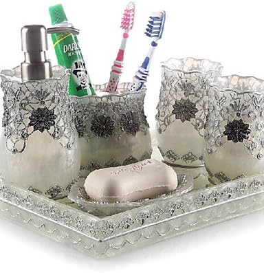 6 Piece Bath Collection Set Resin Material Silver Color,Bath Ensemble, Bath Accessory Set