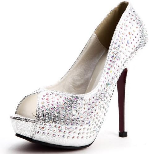 Kvoll Women's Open Peep Toe Platform High Heels PU Pumps Shoes with Rhinestones,Silver,38