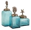 Set of 3 Ocean Blue Glass Canister Jars with Starfish, Seahorse and Shell Lids