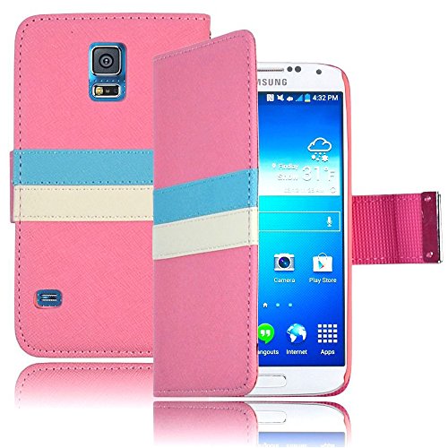 myLife (TM) Cupid Pink + Blue and Cream White Stripes - Modern Design - Koskin Faux Leather (Card, Cash and ID Holder + Magnetic Detachable Closing) Slim Wallet for NEW Galaxy S5 (5G) Smartphone by Samsung (External Rugged Synthetic Leather With Magnetic Clip + Internal Secure Snap In Hard Rubberized Bumper Holder)
