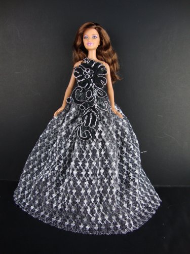 Black Ball Gown with Silver Lace Accents Made to Fit the Barbie Doll