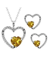 1.71 Ct Heart Shape Yellow Citrine Sterling Silver Pendant Earrings Set