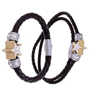 Kadima Leather Bracelet ,Leather Necklace ,Stainless Steel Pandora Beads ,Stainless Steel Braided PU with Gold Star & Crystal Bracelet and Necklace Set, 6mm 8