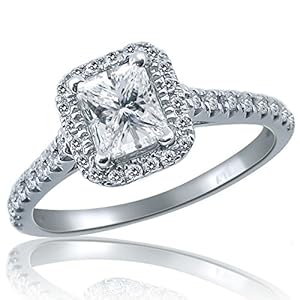 0.84 Carat Natural Princess Cut Raised Halo Diamond Engagement Ring 14K White Gold