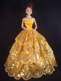 Golden Yellow Ball Gown with Sequins and a Feather Boa Made to Fit the Barbie Doll