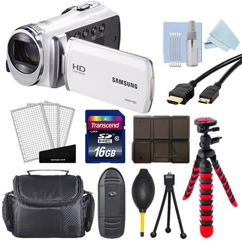 Samsung HMX-F90 HD Video Recording Camcorder White + Camera Case + Transcend 16GB Memory Card + Tripod + Dust Blower + Cleaning Kit + Memory Card Case + Screen Protectors + Deluxe Accessory Kit