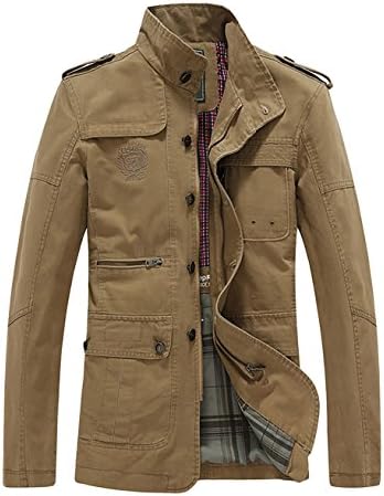 FJP Men's Winter Zip Up Buttoned Stand Collar Cotton Jacket 3XL Khaki