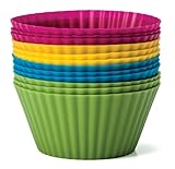 Baking Essentials Silicone Baking Cups, Set of 12 Reusable Cupcake Liners in Four Colors - USE for Muffin, Gelatin, Snacks, Frozen Treats, Ice Cream or Chocolate Shell-lined Dessert Molds, Non-stick (1)
