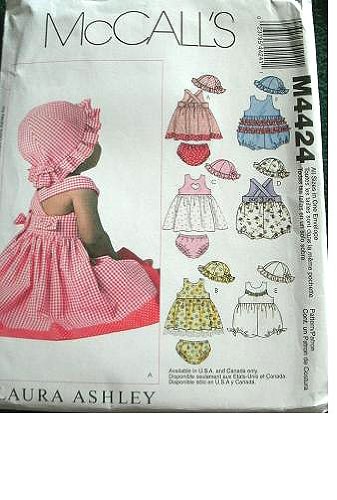 INFANTS' DRESSES, ROMPERS, PANTIES AND HAT SIZES S-M-L-XL (7 PLUS LBS) LAURA ASHLEY FOR MCCALLS PATTERN #M4424