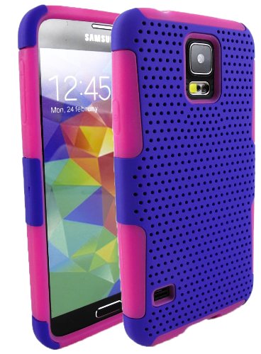 myLife Indigo and Bright Pink - Perforated Mesh Series (2 Layer Neo Hybrid) Slim Armor Case for the NEW Galaxy S5 (5G) Smartphone by Samsung (External Rubberized Hard Shell Mesh Piece + Internal Soft Silicone Flexible Gel)