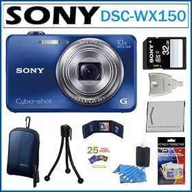 Sony Cyber-shot DSC-WX150 18.2 MP Digital Camera with 10x Optical Zoom and 3-inch LCD in Blue + Sony 32GB SDHC + Sony Camera Case + Sony Battery Pack + Accessory Kit