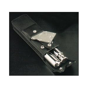 Cigar Cutter, Flask, Cigar Holder, Stainless Steel & Black Leather Case, Tarnish Proof