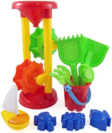 Double Sand Wheel Beach Toy Set for Kids with Bucket, Shovels, Rakes, Sailboat &amp; 3 Shape Molds