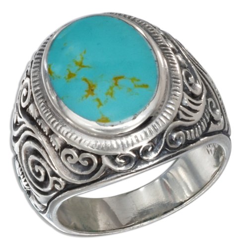 Sterling Silver Mens Scroll Design Oval Turquoise Ring (size 10)