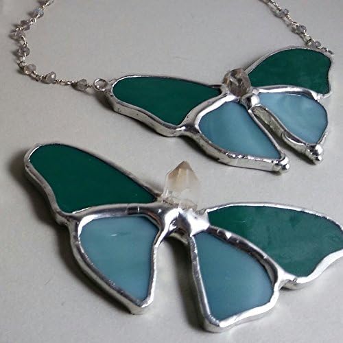 Teal Stained Glass Butterfly Necklace with Crystal Point
