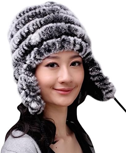 QICHEN Women's Winter Military Ear Flap Stripes Snow Fur Beanie Hat Cap Black