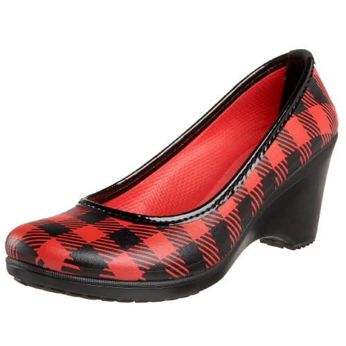 crocs Women's Plaid Lydia Lumberjack Wedge,Red/Black,9 M US