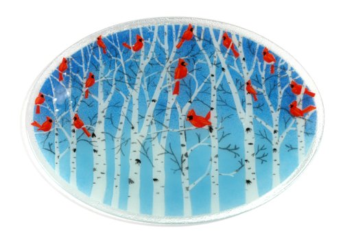 Peggy Karr Glass 18-Inch Oval Winter Cardinals Platter