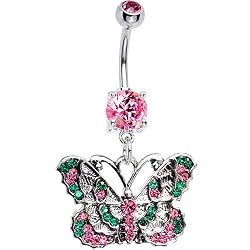 Green Pink Cz Montage Butterfly Belly Ring