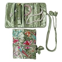 Silky Brocade Jewelry Travel Organizer Roll Pouch - Peridot Green