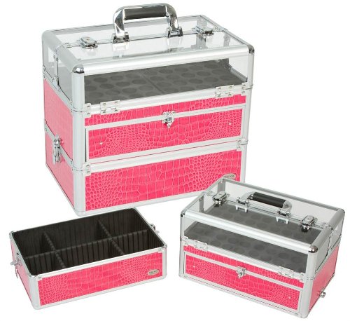 Seya Professional Nail Polish Clear Panel Makeup Organizer Cosmetic Case w/ Slide Out Drawer (Hot Pink Crocodile)