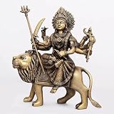 Goddess Figurines Brass Durga Sitting on Her Vehicle Lion 11 inches