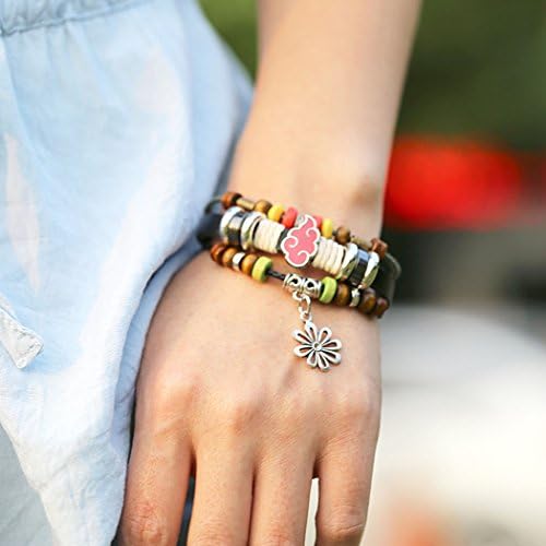 Carat Lovers Handmade Colourful Wood Beads Plates Decorated Red Cloud Studded Snow Flower Pendant Multi-strand Braided Leather Wrap Bracelet
