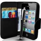 iPhone 4 Tasche Schwarz Leder Buch-Stil Case f�r iPhone 4 4S Tasche H�lle Etui Case Ledertasche iPhone 4 4S Schutzh�lle PLUS Stift, Displayschutzfolie und Reinigungstuch