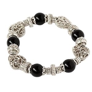 Beautiful Antique Marcasite & Black Bead Stretch Bangle Bracelet Fashion Jewelry