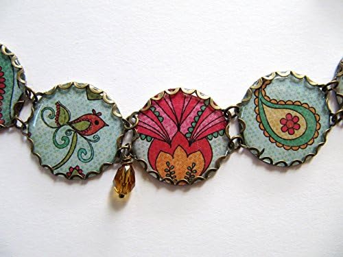 Metal and Paper Charm Bracelet with Mod Flowers in Yellow, Blue and Pink, Glass Beads, Ephemera, Antiqued Brass Bezels, Adjustable Length