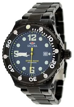 Sicura Men's Black IP 300M Automatic Diver Watch #SM606-GN (Blue Dial)