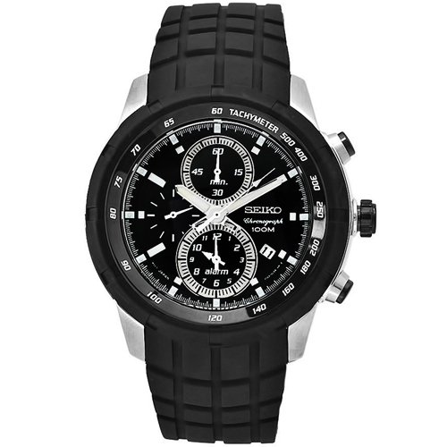 Seiko Men's Chronograph Watch SNAD85 Alarm, Date, Tachymeter, All Black, Stainless Steel, Rubber Strap